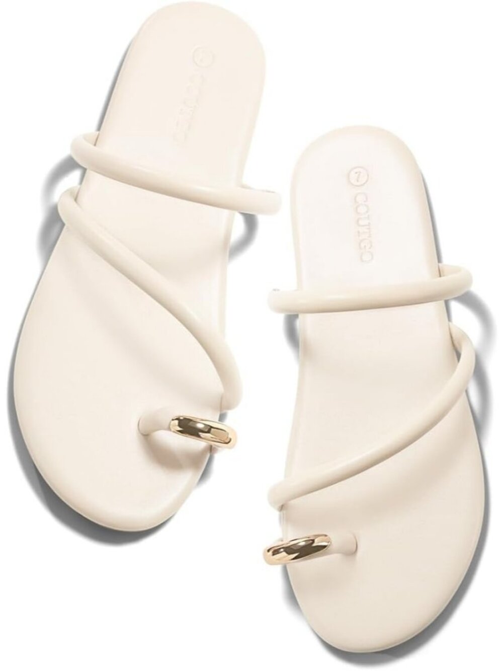 Women's Beige Faux Leather Open Toe Flip Flops Strappy Summer Sandals
